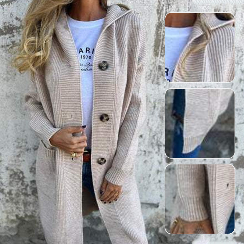 Damen Strickjacke mit Kapuze und Knopfleiste